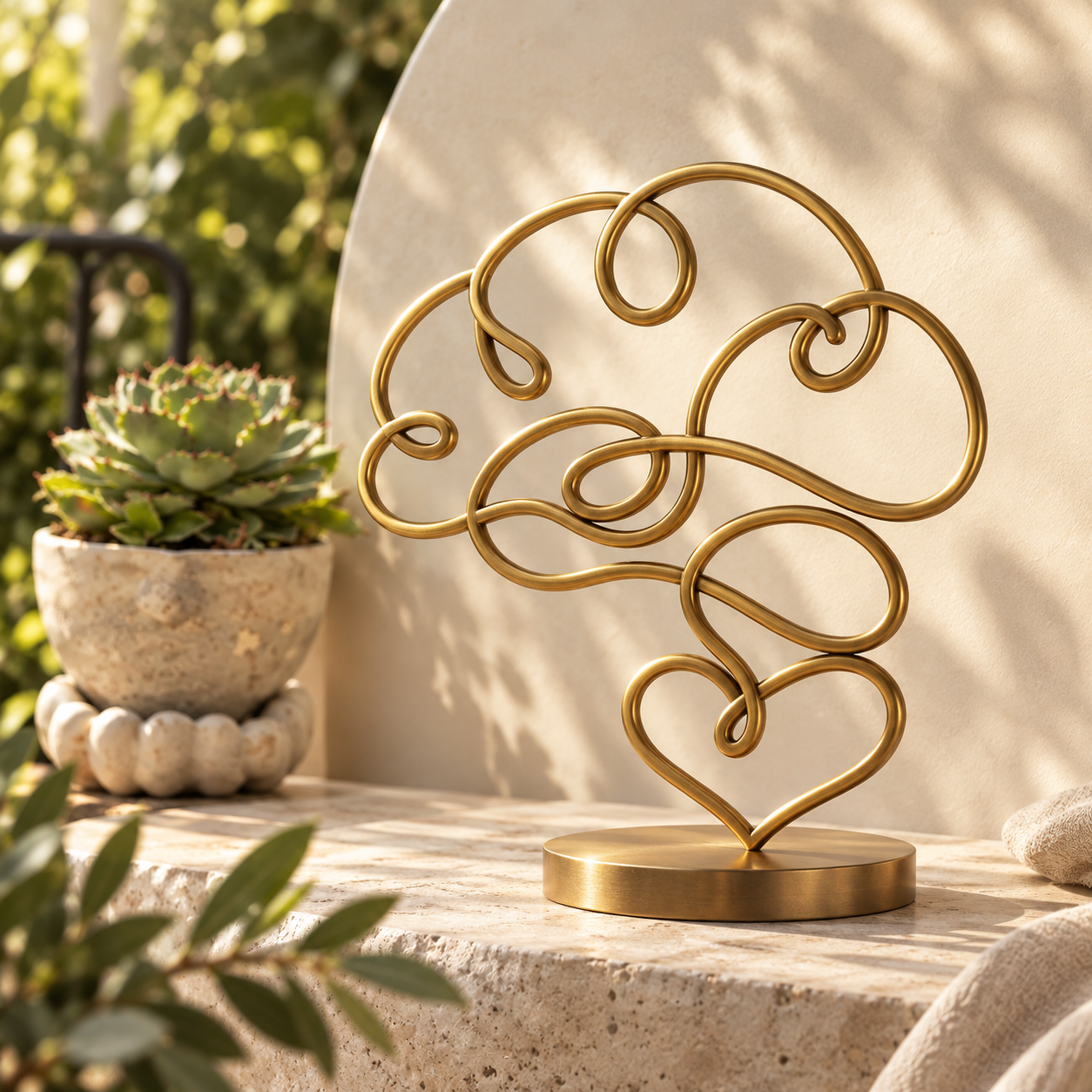 Golden mind and heart sculpture in the practice garden